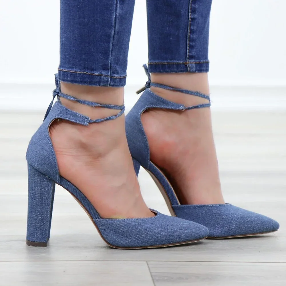 Denim Pointy Toe Block Lace-Up High Heel Pumps - Picture 2 of 15